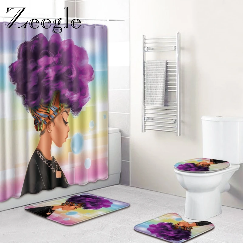

African Woman Bath Mat Set with Shower Curtain Bathroom Bath Mat Anti-slip Toilet Carpet Toilet Floor Mat Foot Rug Pedestal Rug