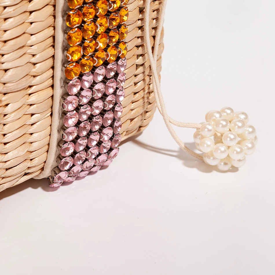 

Colour Rhinestones Straw Bag Women 2020 Summer New Elegant Woven Diamonds Beach Bag Ladies Large Capacity Tote Handbag Holiday