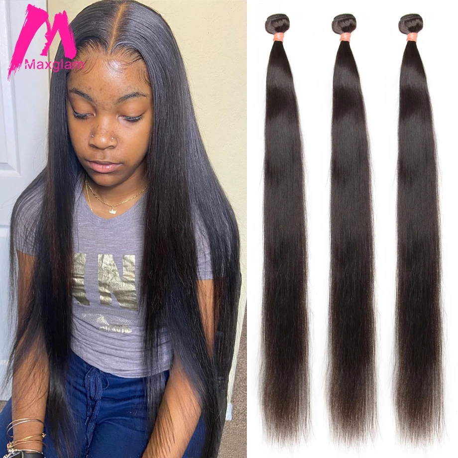 

Maxglam Straight 28 30 34 40 Inch Brazilian Bundles Natural 100% Human Hair Weave Extension Virgin Remy 1 3 4 Bundles for Women
