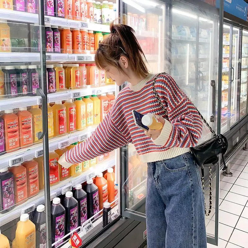 

Женский полосатый свитер с длинным рукавом, свободный трикотажный топ с круглым вырезом, короткий пуловер для ранней осени, E879, 2022