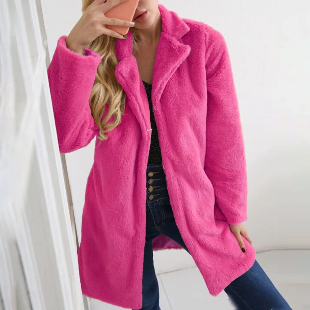 Faux Fur Coat Woman Winter Thicken Fluorescent Pink Long Coats 2019 Fashion Lady Teddy Outerwear fourrure femme D25 |
