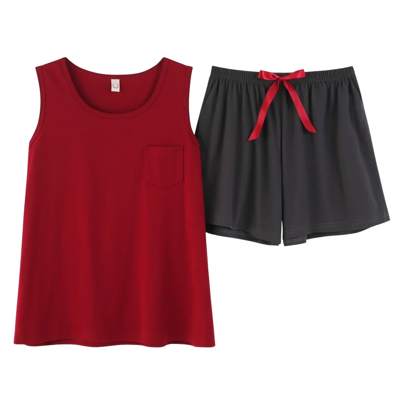

BZEL Red Women's Sleepwear Sets Summer Loose Pajama Solid Female Homewear Soft Cotton Nightwear Large Size Pijamas Pyjamas M-3XL