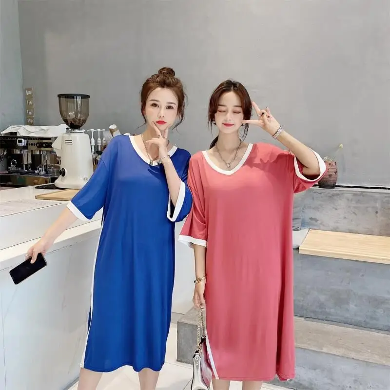 2021 Summer New Modal Nightdress Women's Loose Large V-neck Medium Sleeve Long Dress Solid Color Home Clothes Can Be Worn Out