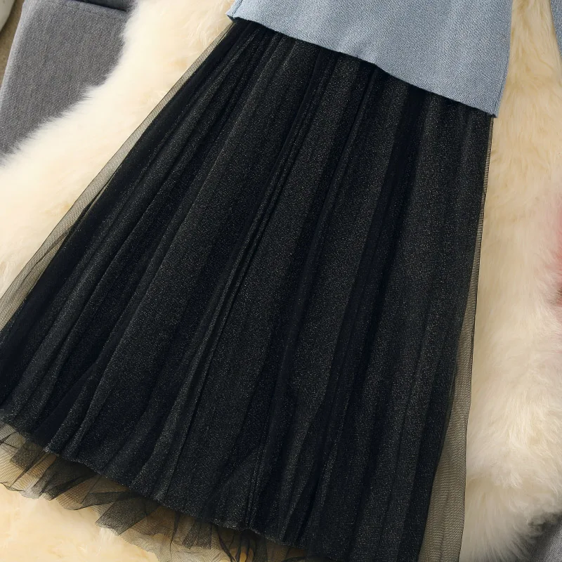 ALPHALMODA модный костюм платье осеннее платье тонкий свитер с длинными рукавами+ Сетчатое платье Элегантный комплект из 2 предметов