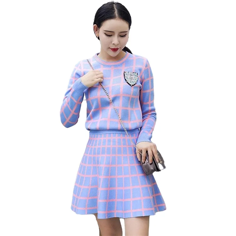 

Women 2 Piece Set French Retro Plaid Suit Autumn New 2023 Long-Sleeved Knitted Sweater Top Mini Tutu Skirt Ladies Casual