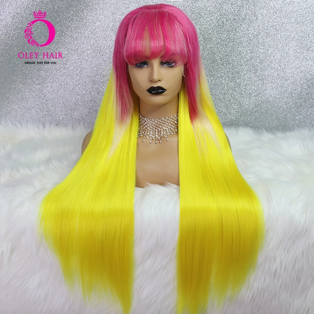 Yellow Wig With Pink Bangs Glueless Synthetic Lace Front Wig High Temperature Fiber Cosplay Wigs For Black Women Oley Summer