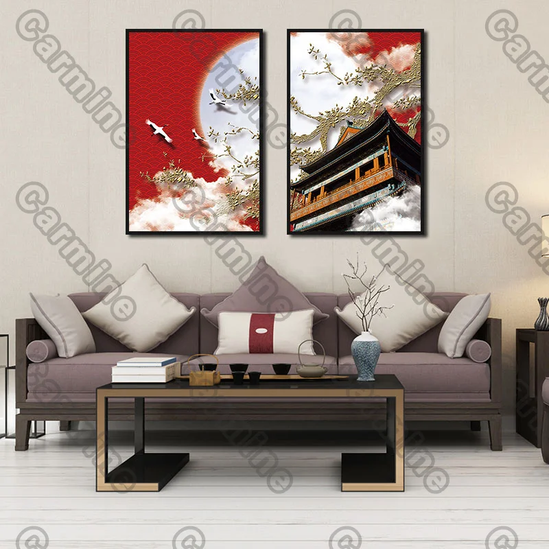 

Poster White Crane Moon Palace Red Landscape Canvas Painting and Prints Wall Art Pictures Decoration for Living Room 3Pcs