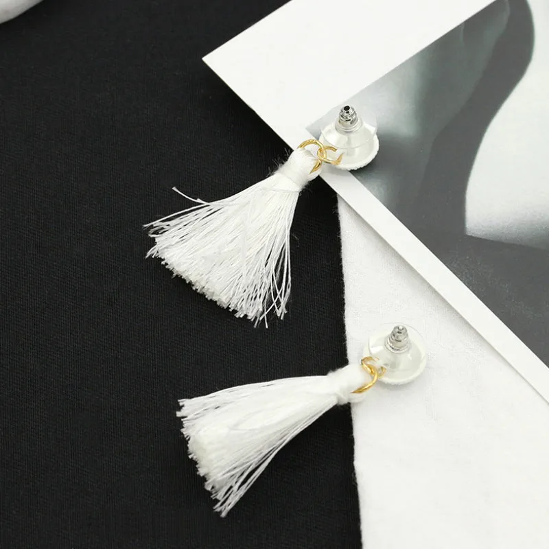 

Frosted Round Ball Button Black and White Tassel Dangle Earrings for Women