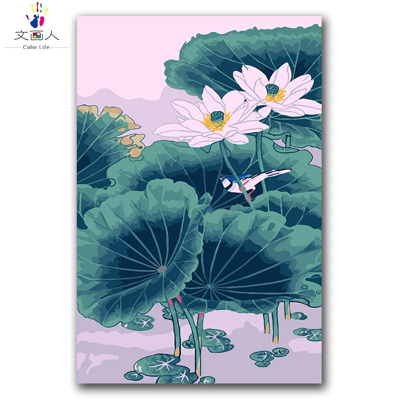 Растение цветок птица Живопись Лотос пруд DIY Цифровая живопись маслом по номерам