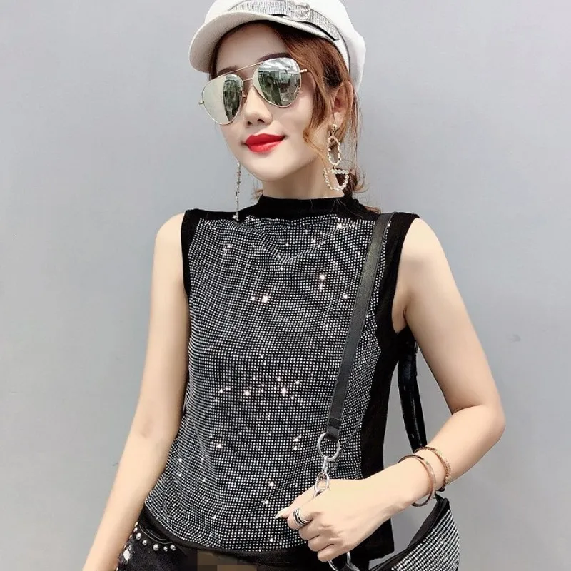New European Summer Womens Sleeveless Shiny Diamonds Tees Half Turtleneck Slim Fit Night Club Wear Female T-Shirts Plus Size 3XL | Женская