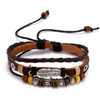 handmade genuine leather charm bracelet for men women alloy feather beads charm braclet rope braided bracelet mens wrist chain