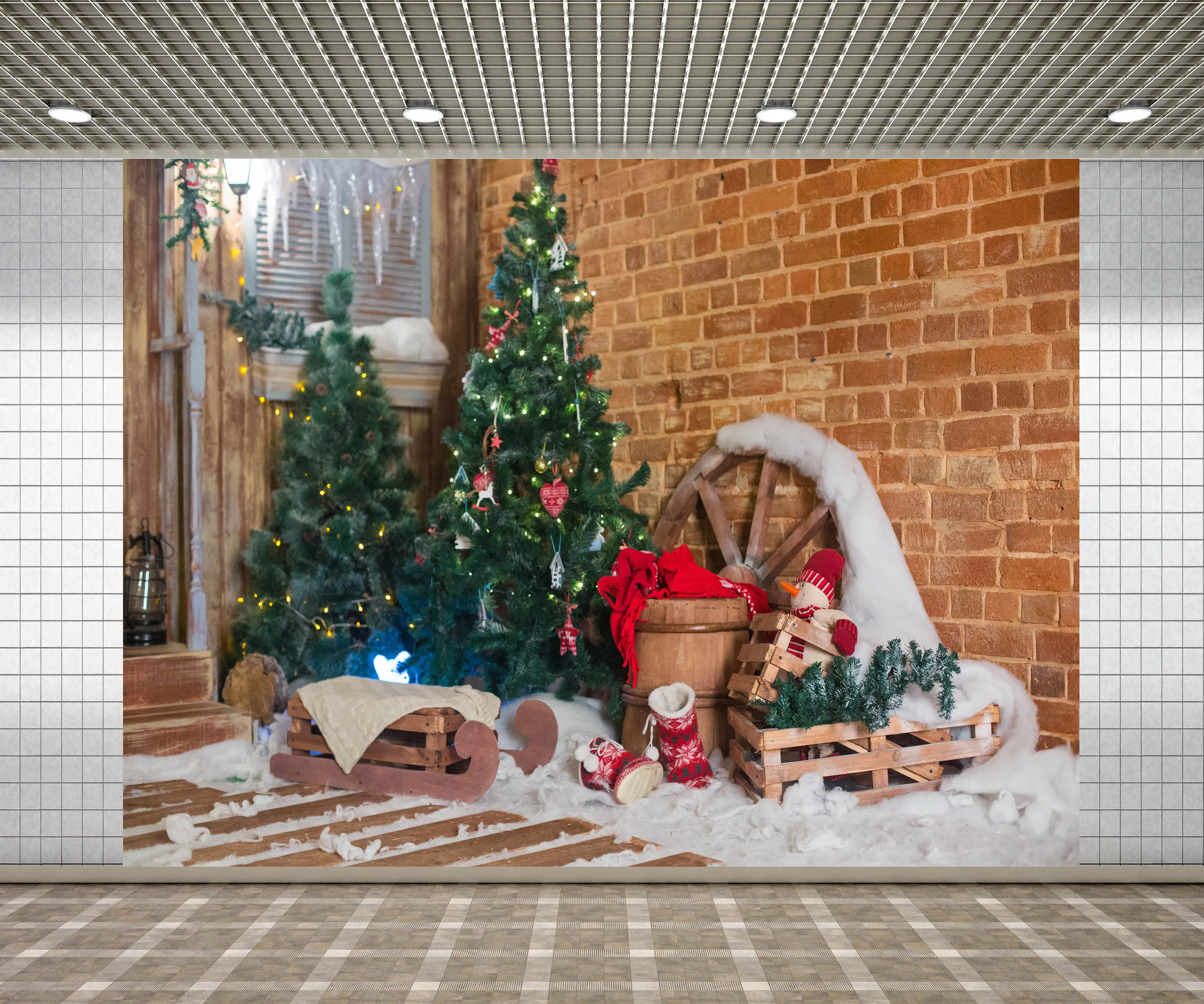 

Фон Lyavshi для фотосъемки с изображением рождественской елки зимней снежинки кирпичной стены новогодних саней рождественской вечеринки