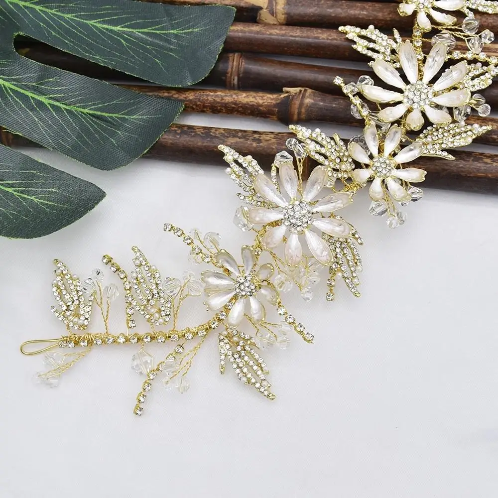 Luxury Crystal Leaf Flower Bride Headdress Tiara Crown Bridal Wedding Party Accessories Fashion Rhinestone Headband Hair Jewelry