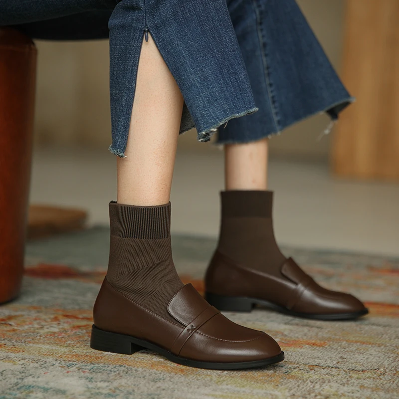 

Ankle Boots Hot Brand Spring Autumn Sock Boots Women Low Heel Woman Shoes Square Toe Short Booties Slip On Lady Shoes