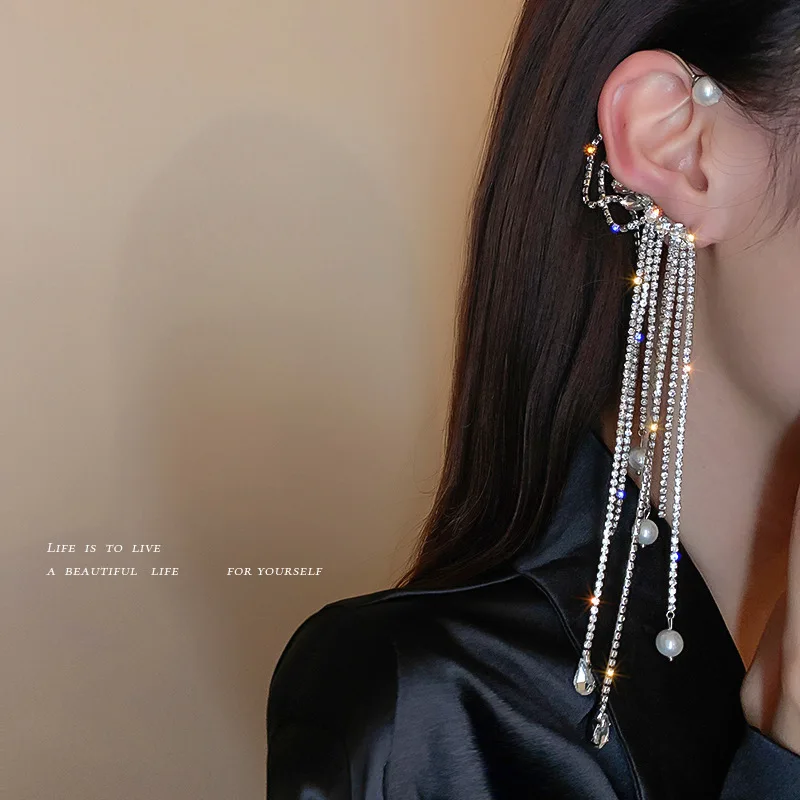 

Fashion pearl inlaid diamond tassel single ear hanging female super fairy temperament no ear hole ear clip net red long earrings