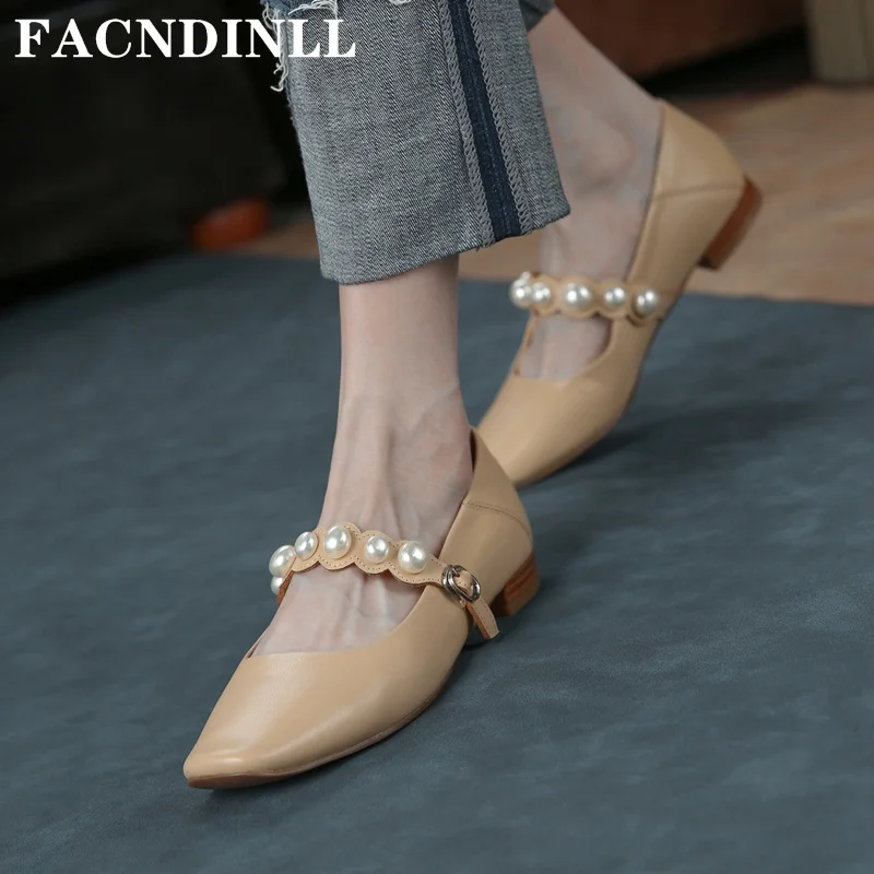 

New Arrival Women Mary Janes Shoes Sweet String Bead Genuine Leather Low Heels Round Toe Black Apricot Dress Casual Shoes Woman