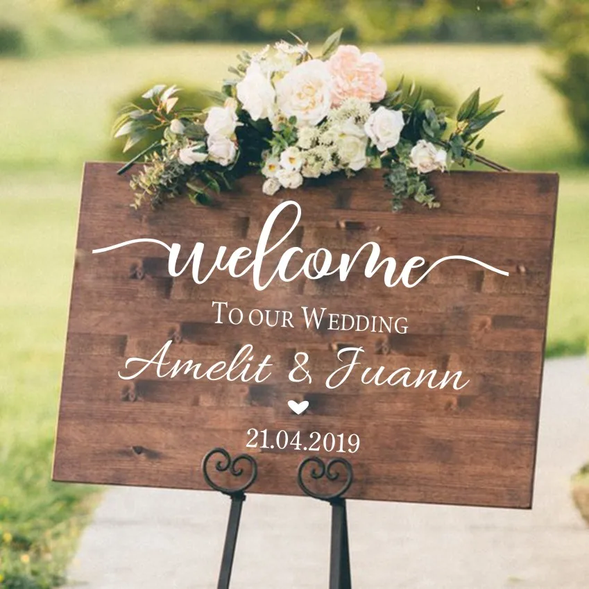 

Wedding Ceremony Welcome Sign Vinyl Decal Wall Sticker Custom Bride Groom Names Wedding Board Mirror Decoration Mural