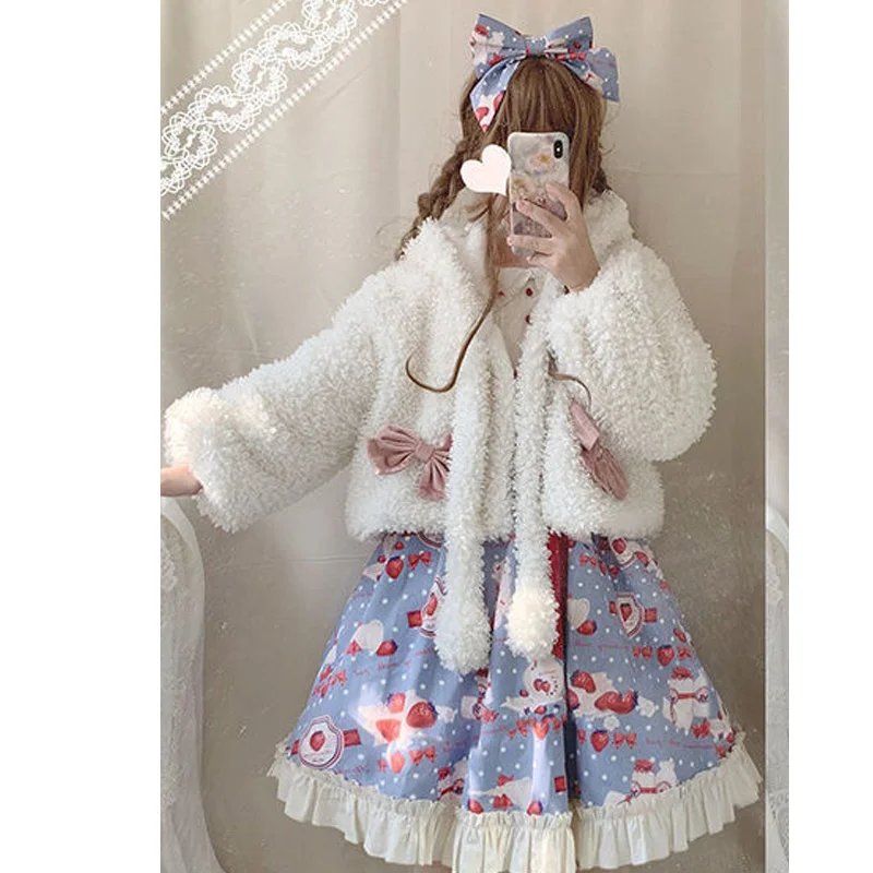 Autumn Winter Japanese Girly Sweet Lolita Coats Cute Warm Soft Plush Rabbit Ear Moving Hooded Short Jackets Women Kawaii Outwear