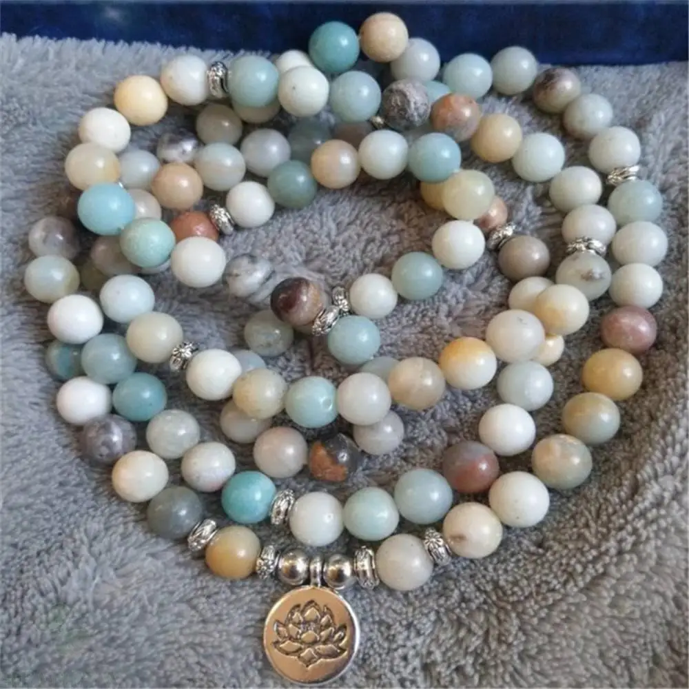 

6mm Glossy Amazonite 108 Bead Lotus Pendant Stretch Bracelet Healing Bless Buddhism Spirituality Fancy Wristband Meditation