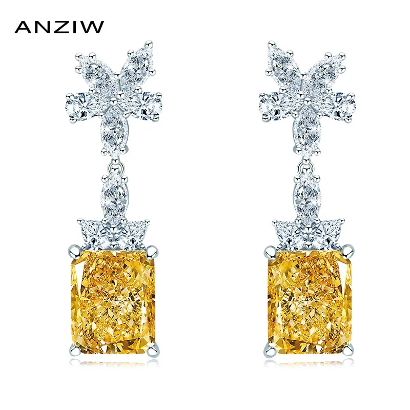

Anziw 925 Sterling Silver Flower Shaped Shiny Perfect Radiant Cut Created Yellow Gemstone Drop Earrings for Women Birthday Gift