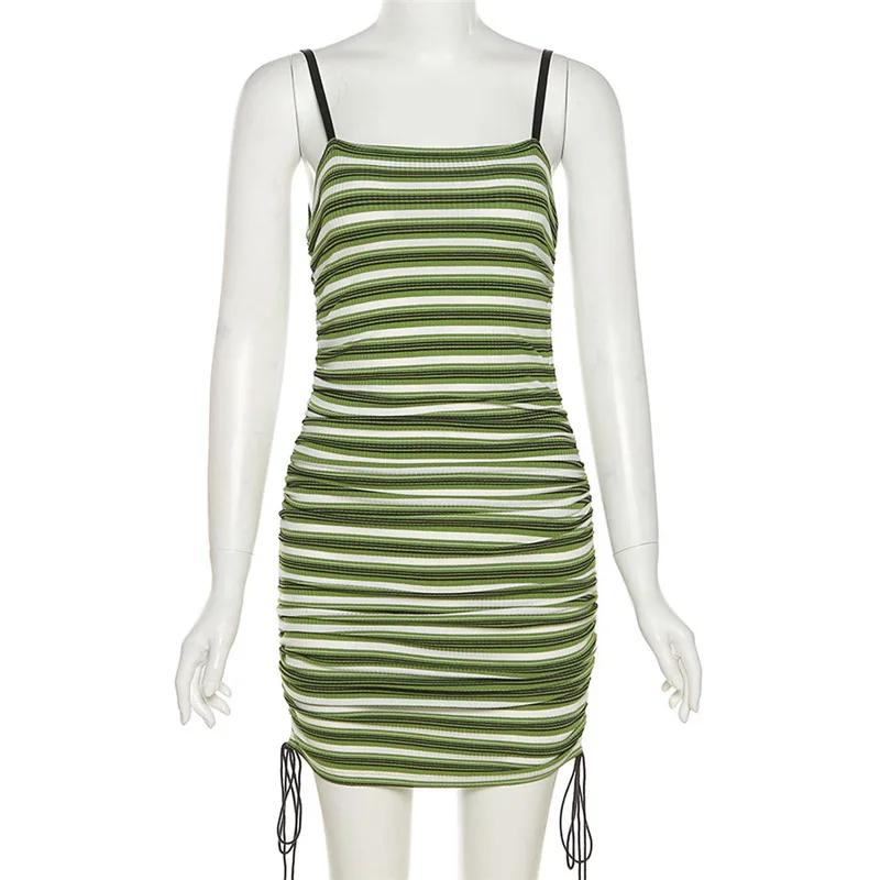 

2000s Fashion Green Striped Printing Cami Dresses Y2K Streetwear Drawstring Spaghetti Straps Mini Dress E-girl Outfits
