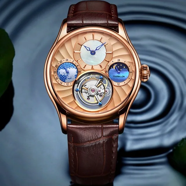 Rose gold Tourbillon сапфир часы Скелетон Мужские автоматические механические часы Многофункциональный 24-часовой и лунной фазой, Для мужчин часы лучший бренд класса люкс - Цвет: Rose gold