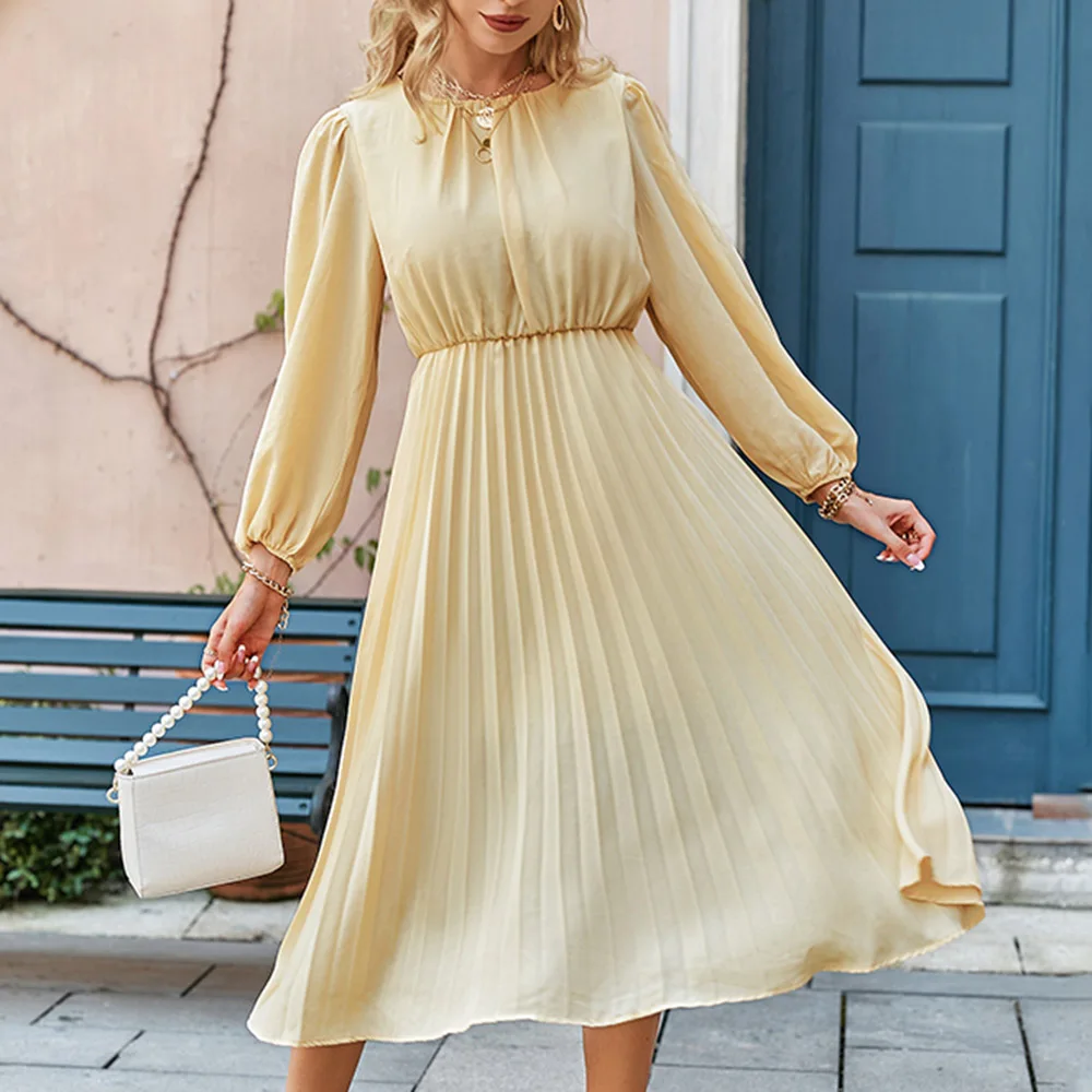 

2021 Spring Autumn Women's Dress Cross-border High-waist Vacation Hipster Pleated Skirt Plain Round Neck Nine Points Sleeve