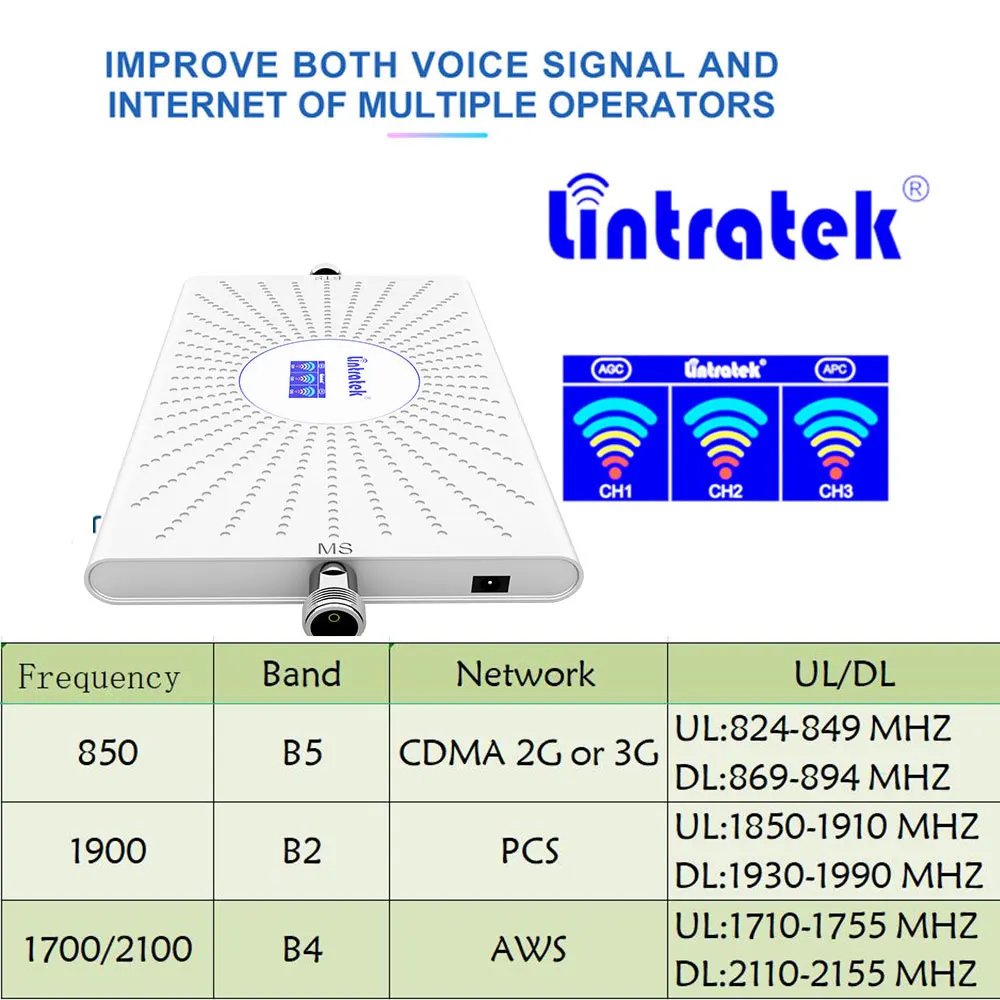 lintratek 850 1900 1700 /2100 Cellular Signal Booster CDMA B5 850MHz PCS B2 2g 3g 4g Repeater amplifier AWS B4 70dB AGC Tri