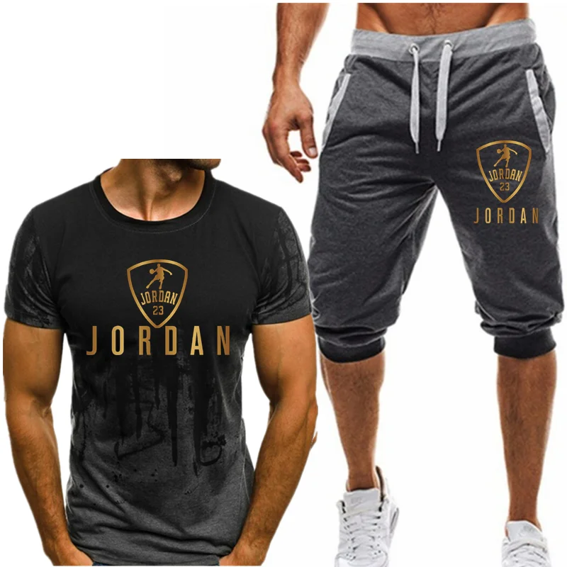 

New fashion summer men's sportswear suit short-sleeved shorts and top casual clothing sportswear cropped trousers men's suit