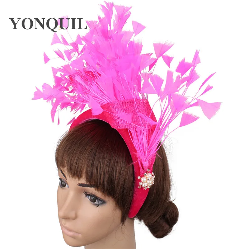 Princesa rosa quente moda headwear faixa de cabelo penas acessórios para o cabelo elegante senhoras mulheres fascinadores headdress nupcial