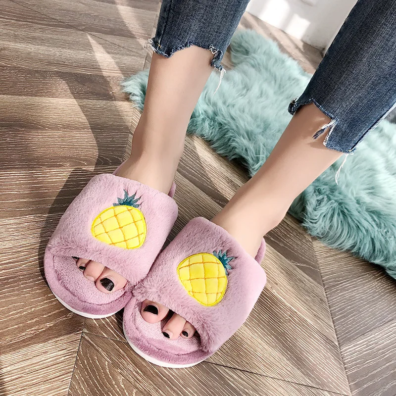 Liam Fruit Print Slipper Winter Warm Cute House Shoes Comfortable Open Toes Non Slip Fuzzy Slides zapatos de mujer - Цвет: Pineapple