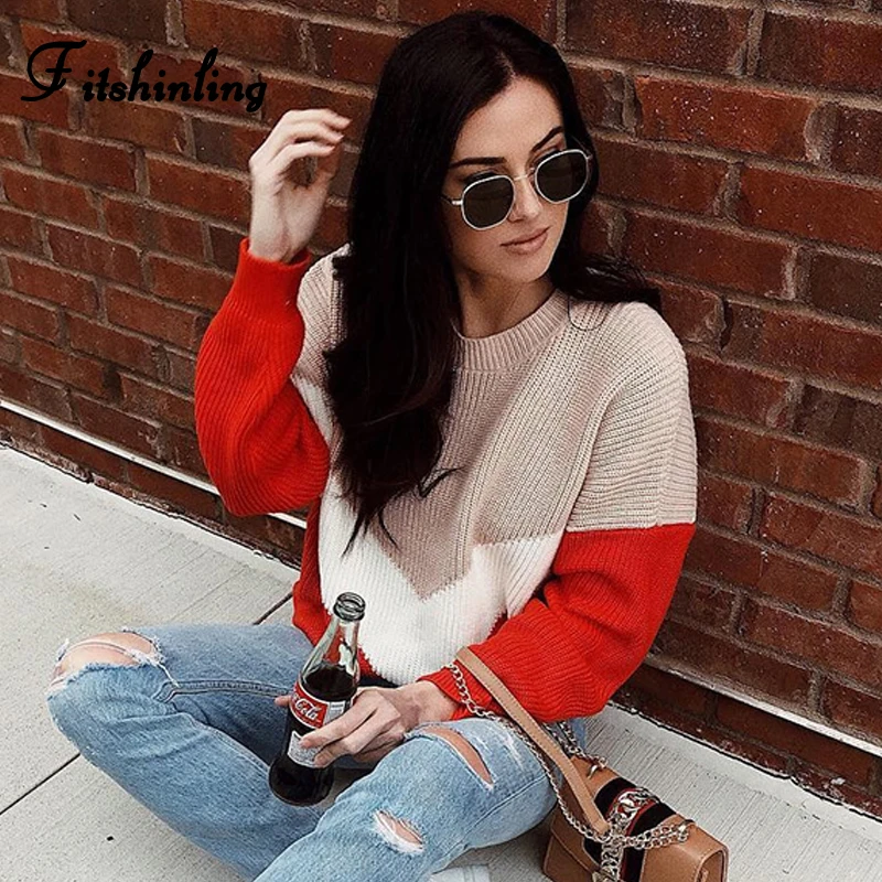 Fitshinling Boho Big Size Patchwork Winter Sweaters For Women Casual Loose Basic Pullover Jumper Knitwear New Sweater Ladies Hot | Женская