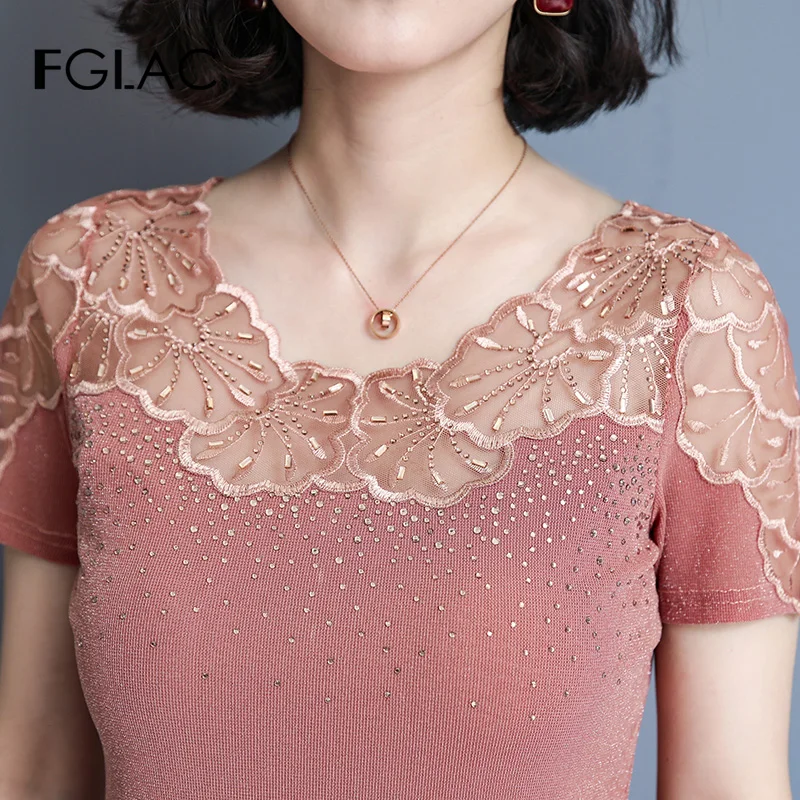 Женская кружевная блузка FGLAC летняя черная ажурная с коротким рукавом и стразами