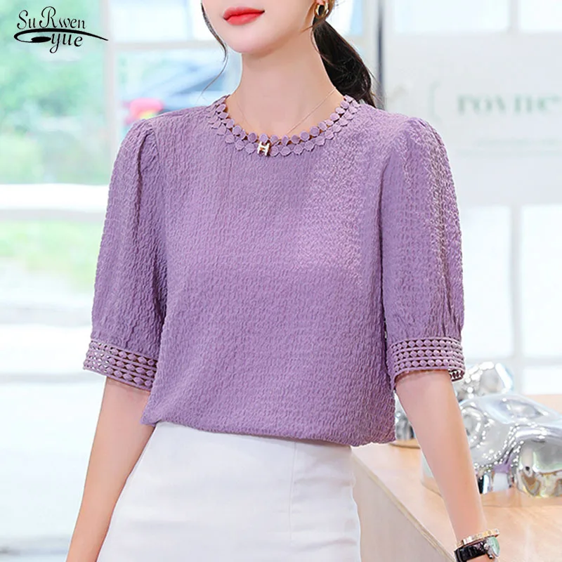 

Blusas Women Top Blouse O-Neck Plus Size Short Sleeve Chiffon Blouse Women Casual Women Shirt 2021 Summer Pleated Clothing 10205
