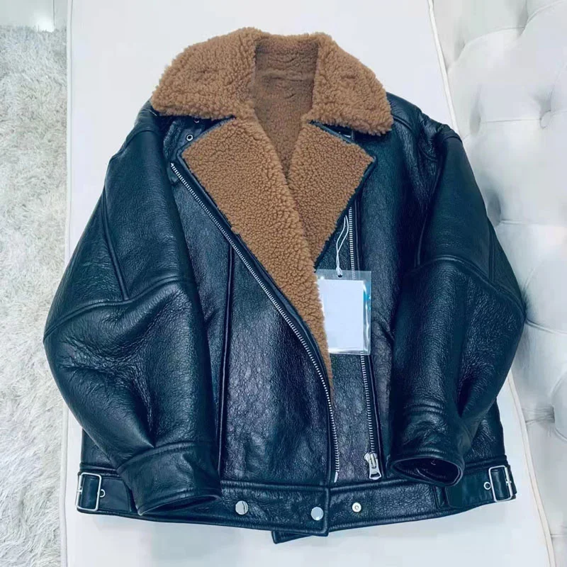 

Thick Warm Genuine Leather Jacket Natural Real Sheep Fur Coat Winer Women Short Length Female Clothes Turn-Down Collar