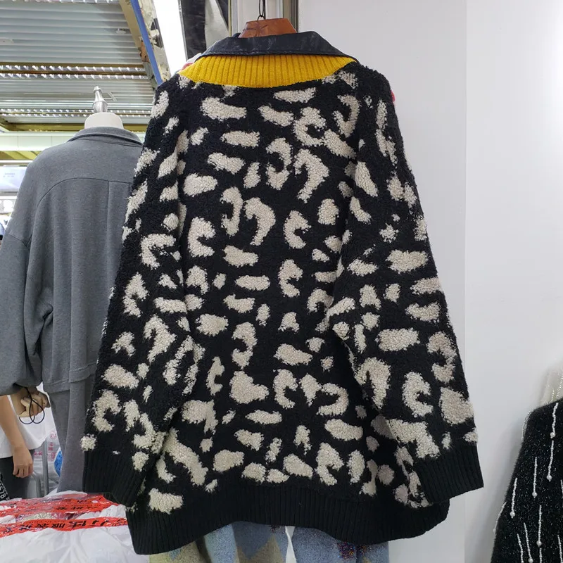 Bella philosophy 2020 autumn Winter Fashion Women Leopard Knitted sweater lady casual Leather Jacket Female Loose Cardigan Coat |