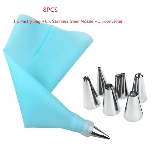 Type 3 Blue 8PCS 16 шт./компл. силиконовая насадка для айсинга Крем кондитерский мешок+ 14 шт. Нержавеющая сталь насадка насадки-конвертеры для кондитерских насадок форма для выпечки тортов DIY украшения инструменты - Цвет: Type 3 Blue 8PCS