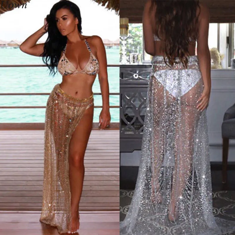 Летняя пикантная Женская пляжная Стразы Длинные блесток юбка свободные стороны