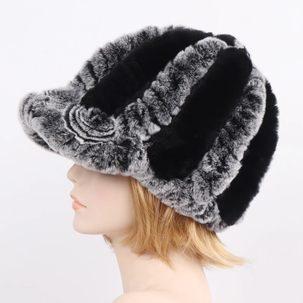 

Female Knit Hats Women's Fedoras Real Rex Rabbit Fur Striped Hats Winter Warm Floral Genuine Fur Caps Lady Natural Fur Hat