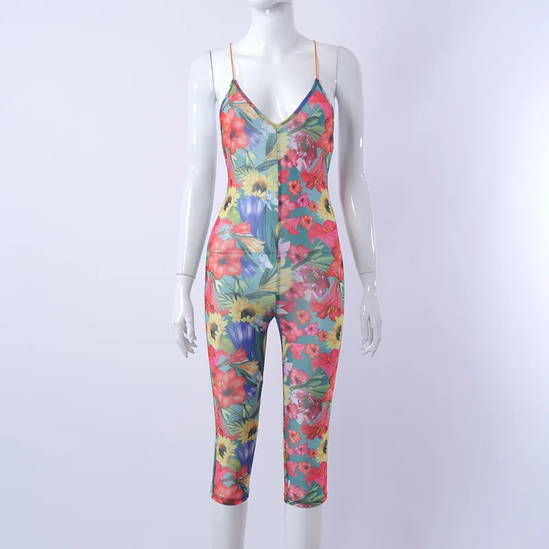 

European and American women's 2021 spring and summer new multi-color printing sexy suspender halter five-point pants jumpsuit
