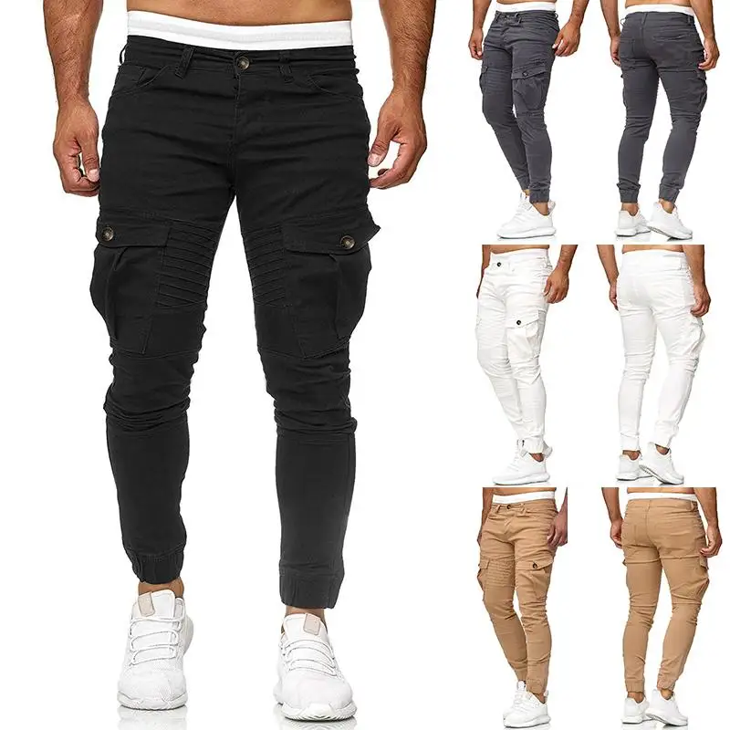 

Pleated Pocket stitching Solid color Joggers Sweats Casual Trousers Cargo Pants for Men Cotton Overalls Khaki