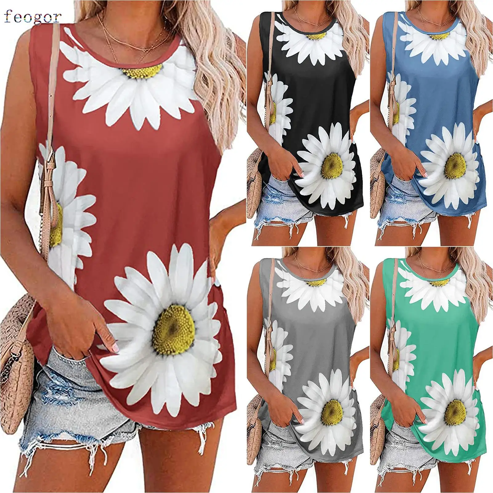 

FEOGOR 2021 Summer Casual Women's Chrysanthemum Sleeveless Round Neck Top Printed Tank Top Oversized T-shirt Casual T-shirt