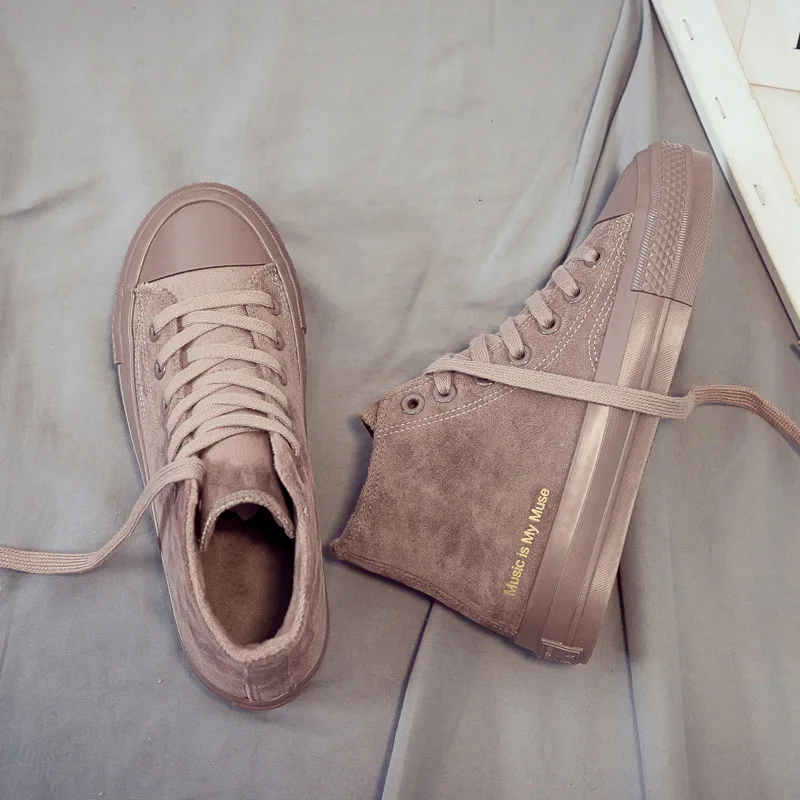 Coffee High-top Shoes Women Winter New Non-slip Solid Color Letter Flock Shoes Comfortable Flat Casual Women's Vulcanize Shoes - Color: Coffee
