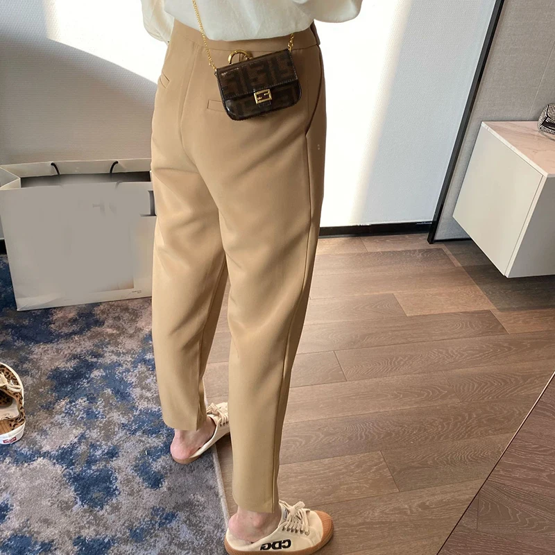 

IEQJ Khaki Minimalism Casual High Waist Pleated Trousers New Loose Office Lady Fit Pants Women Fashion Tide Autumn 2021 3F0892