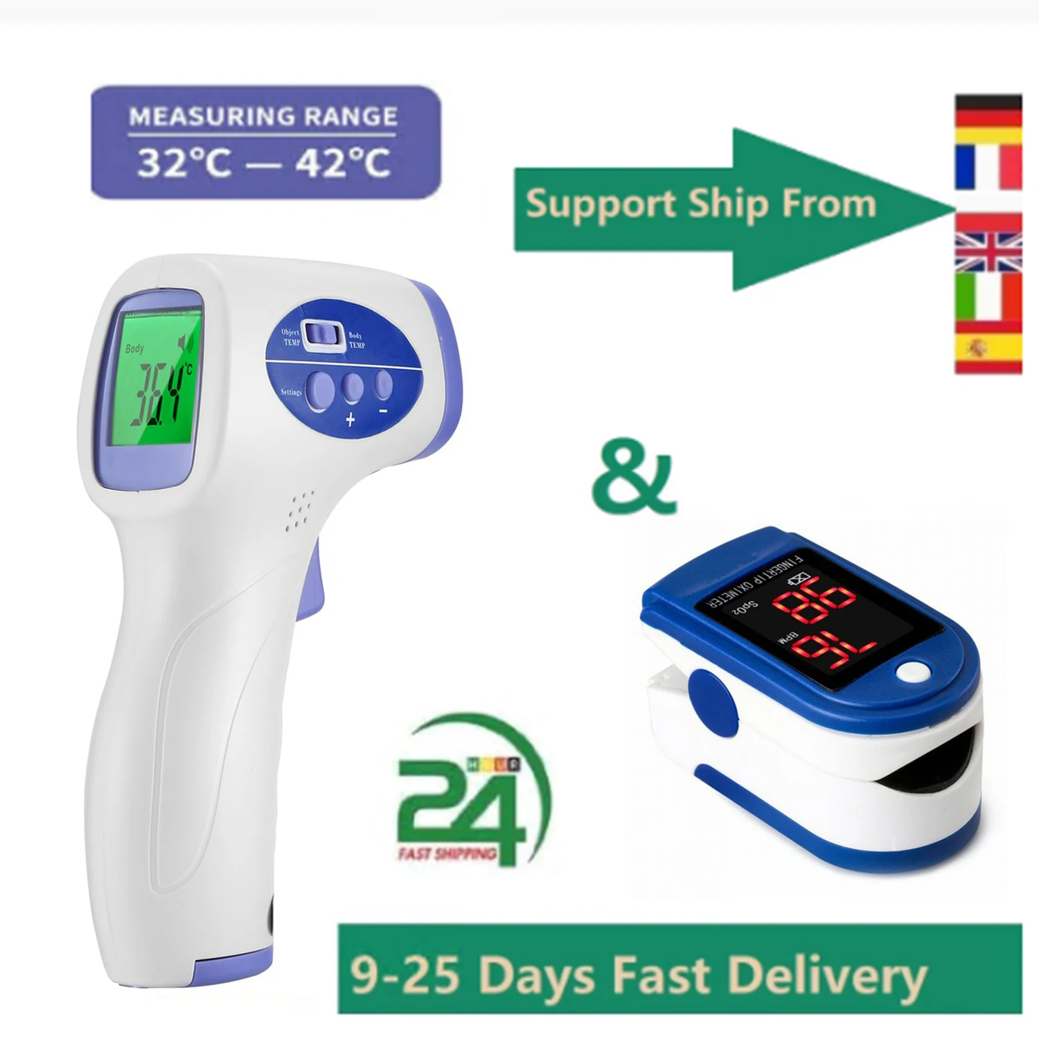 

Digital Forehead Thermometer Infrared Non-contact Temperature with Fever Alarm Fingertip Pulse Oximeter Blood-Oxygen Saturation