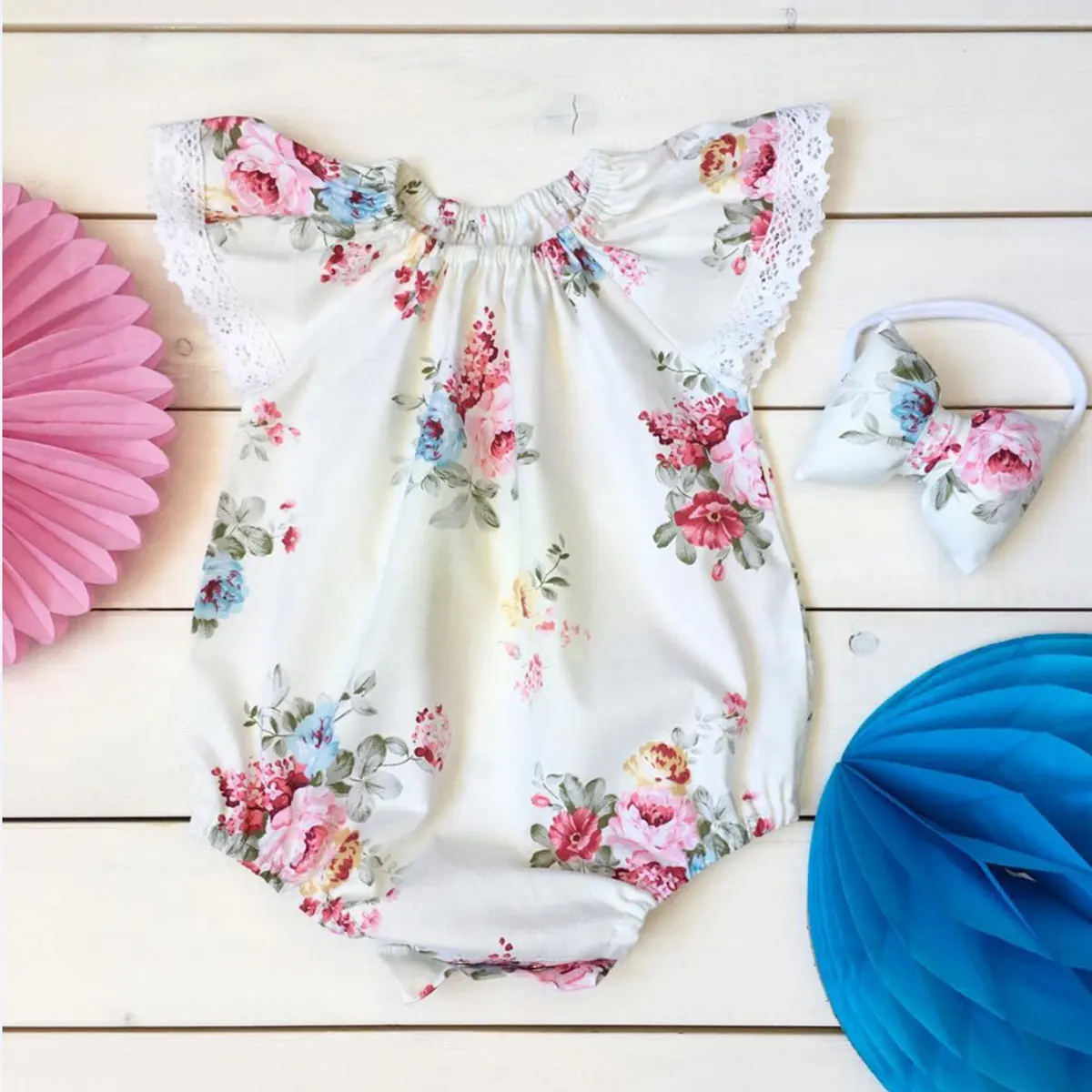 

CANIS Toddler Baby Girls Tops Jumpsuits Lace Floral Romper Headband Clothes Printed Bodysuit