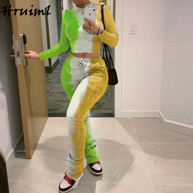 

Tie Dye 2 Piece Set Women Stacked Pants & Long Sleeve Crop Top Sets Casual Autumn Female Sweat Suits Women Fashion Streetwear