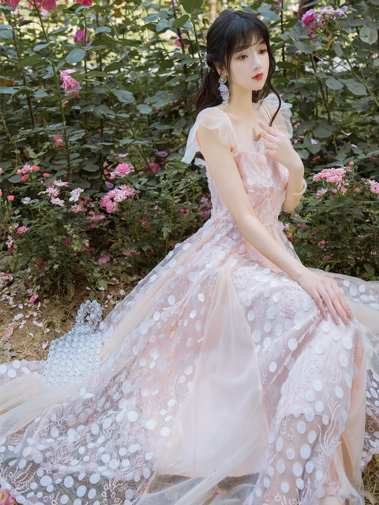 

Women Summer Dress Elegant Pink Flower Sling Net Yarn Sweet Temperament Women's Dresses Cute Romantic Dress