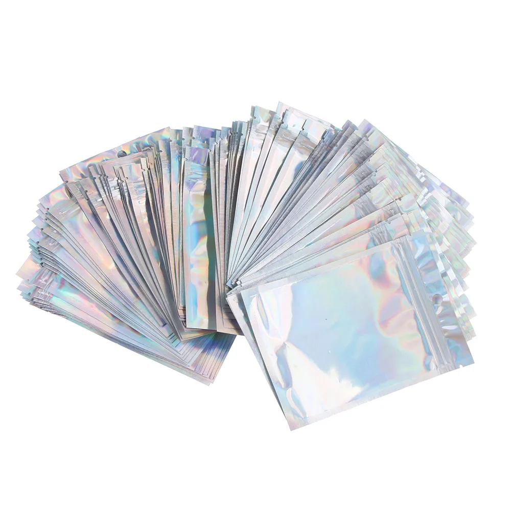 

100 Pieces Resealable Bags Foil Pouch Flat Ziplock Bag for Party Favor Food Storage Holographic Color