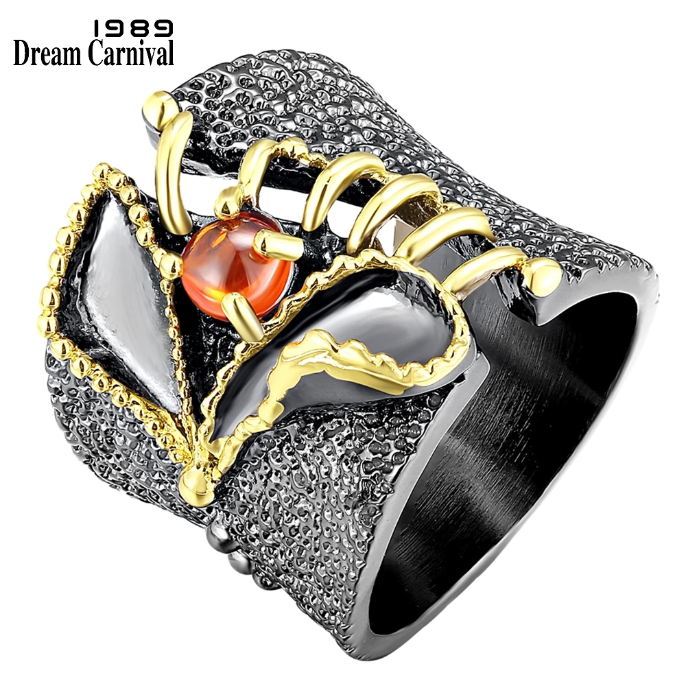 DreamCarnival 1989 New Fissure Rings for Women Party Baroque Black Gold Color with Coral-Orange Zircon Wholesale Jewelry WA11874